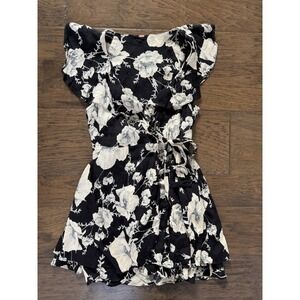 Free People Black White Floral Wrap Mini Dress Short Flutter Sleeve Womens Small
